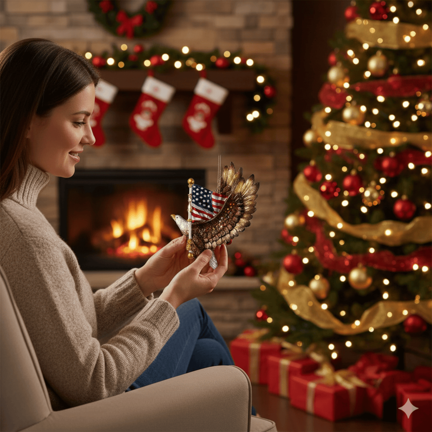 Kurt Adler Resin Patriotic Eagle with The American Flag Ornament, 5 - inches - Tree Treasures