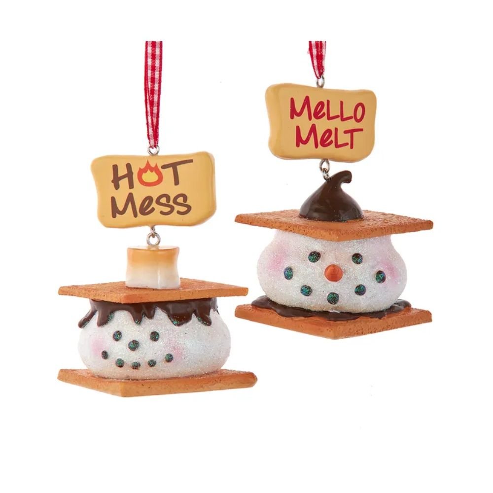 Two assorted snowman s’mores ornaments with scarves and melted marshmallow faces