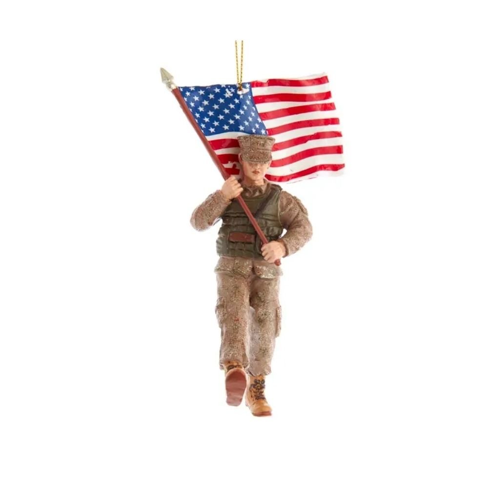 Marine soldier ornament in dress blues saluting with holiday sparkle, 5.75 inches