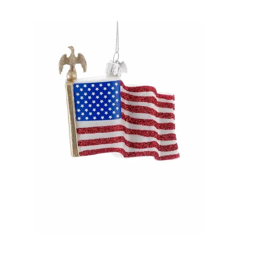 Patriotic flag ornament with shimmering red, white, and blue design details