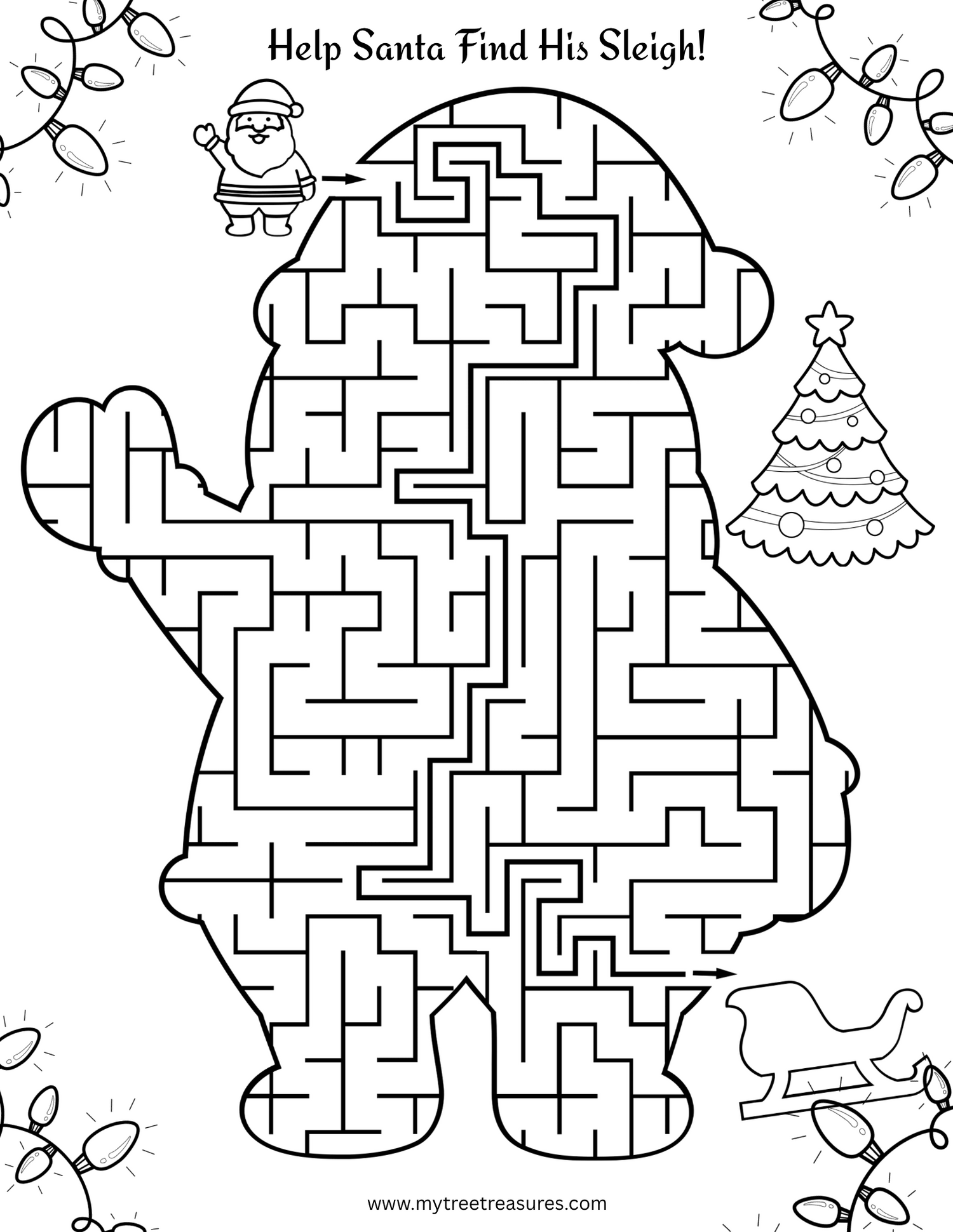 Santa Maze Printable – Help Santa Find His Sleigh! (PDF Download) - Tree Treasures