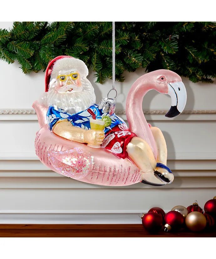 Santa with Flamingo Float Ornament – 4.5 - Inch Noble Gems - Tree Treasures