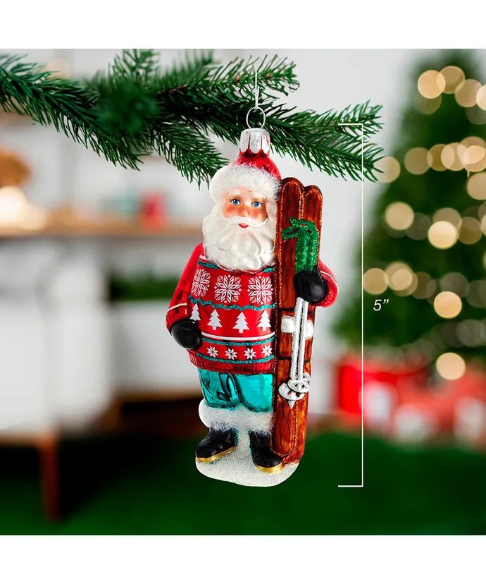 Santa with Skis Glass Ornament – 5 - Inch Noble Gems - Tree Treasures