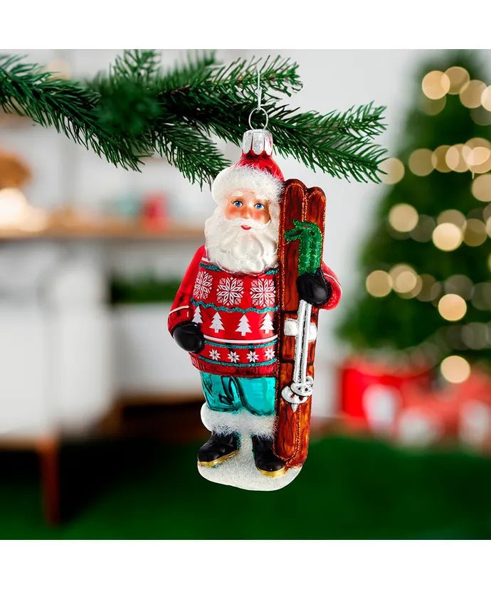 Santa with Skis Glass Ornament – 5 - Inch Noble Gems - Tree Treasures