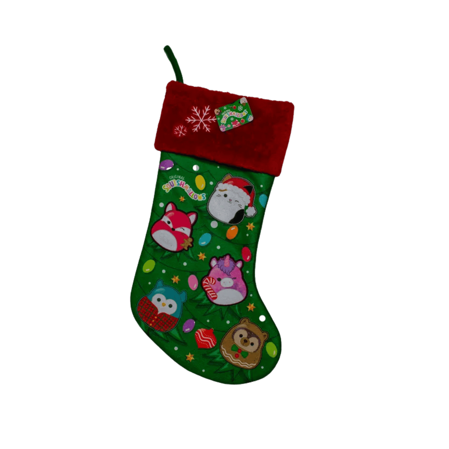Squishmallows® Characters Christmas Stocking – Green with Lights & Red Snowflake Cuff by Kurt Adler - Tree Treasures