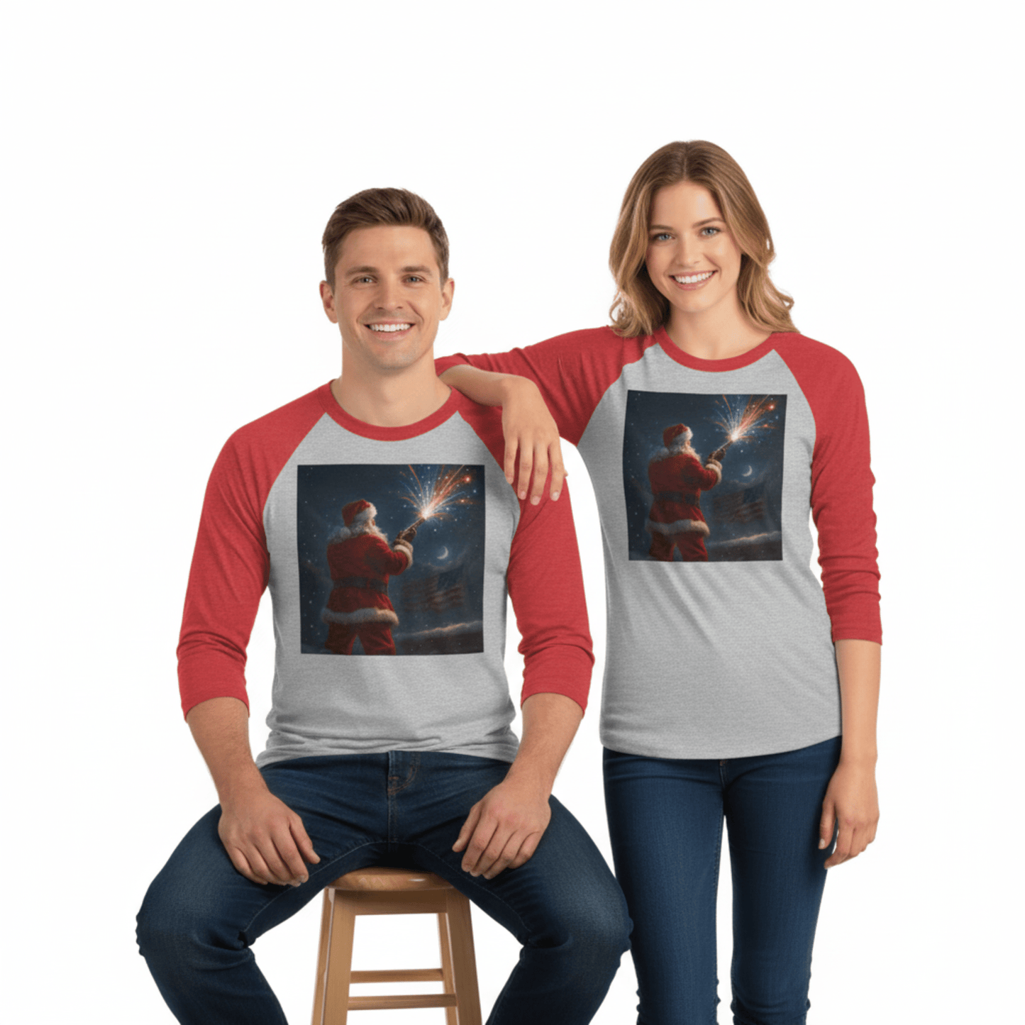 Stars & Stripes Santa Baseball Raglan – Patriotic Christmas 3/4 Sleeve Shirt, Unisex Holiday Tee - Tree Treasures