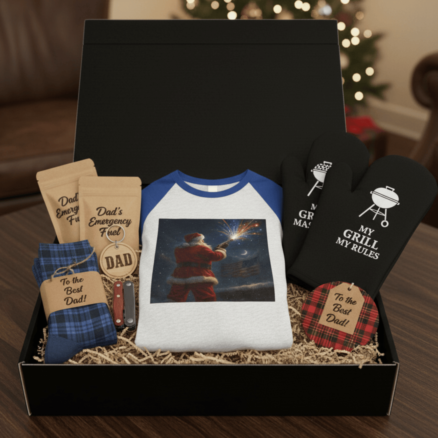 Stars & Stripes Santa Baseball Raglan – Patriotic Christmas 3/4 Sleeve Shirt, Unisex Holiday Tee - Tree Treasures