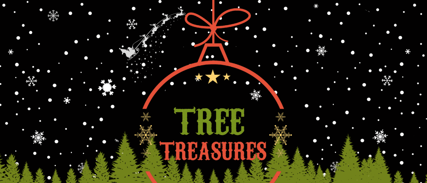 Digital gift card image showing Tree Treasures branding and festive background