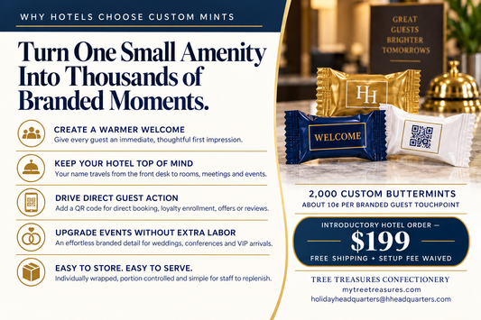 Custom branded buttermints for hotels featuring personalized packaging and QR code