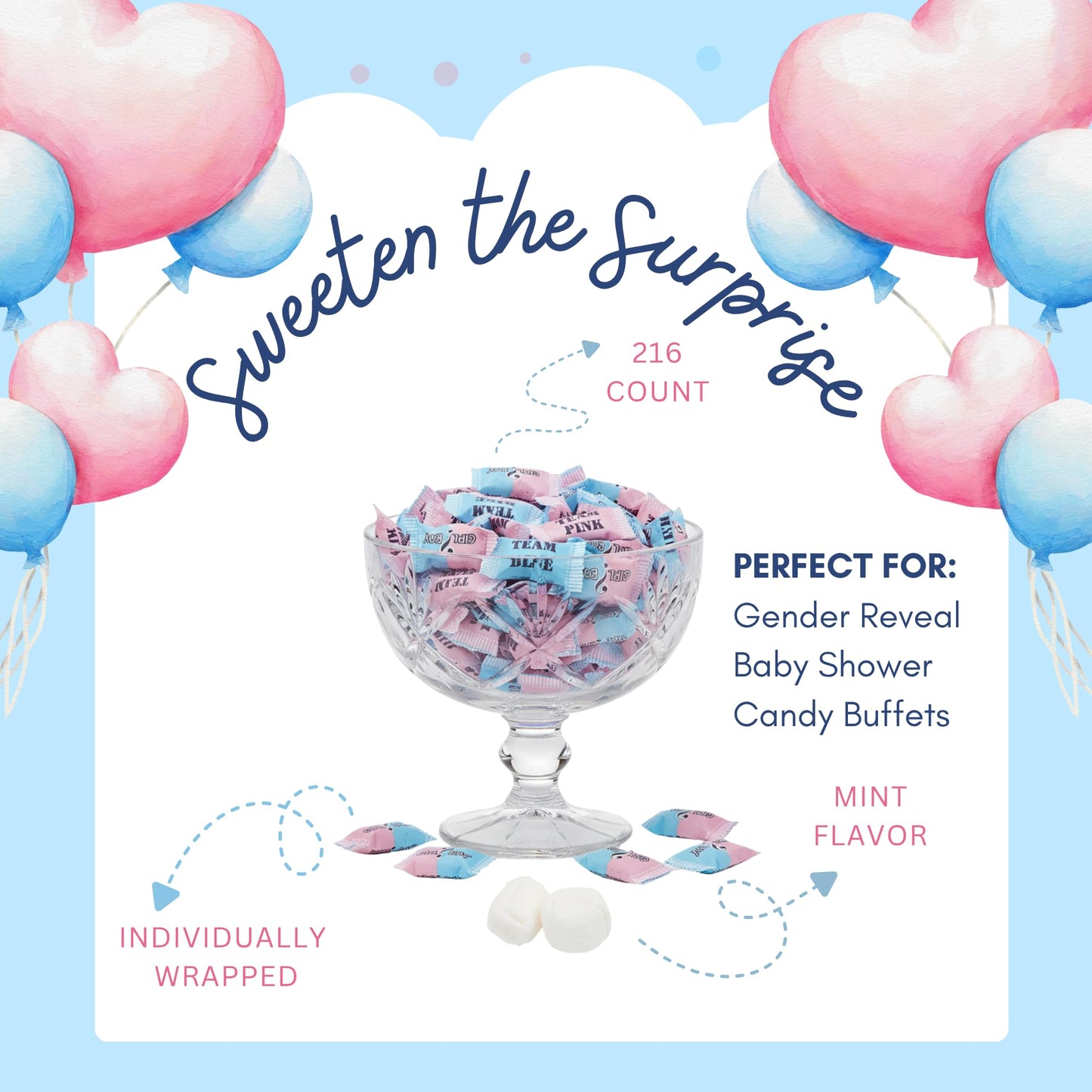 216ct Gender Reveal Buttermints – Individually Wrapped Pink and Blue Candy for Baby Shower Favors, Gender Reveal Snacks, Team Pink and Team Blue - Tree Treasures