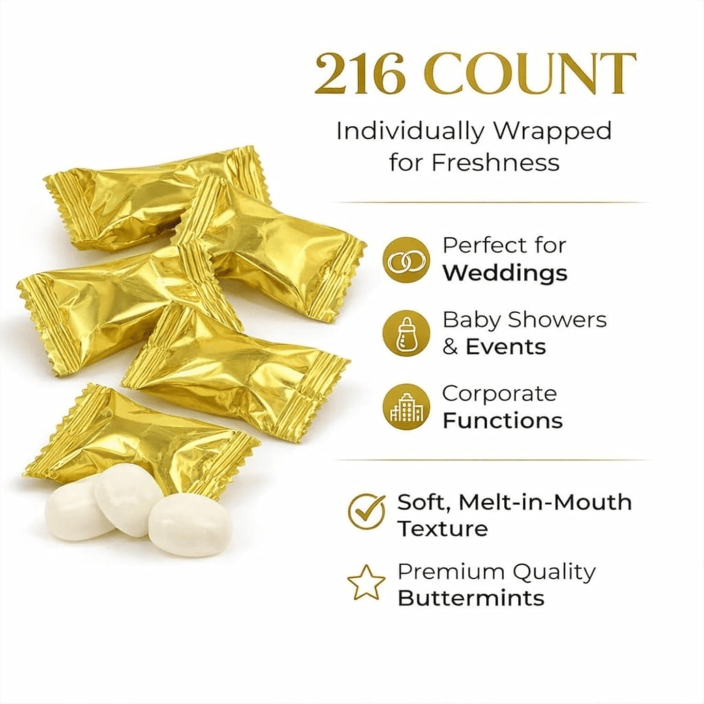 216ct Gold Wrapped Buttermints – Individually Wrapped Butter Mints Bulk for Weddings, Baby Showers, Retirement, Candy Buffets, and Thank You Gifts – Soft Buttermints - Tree Treasures