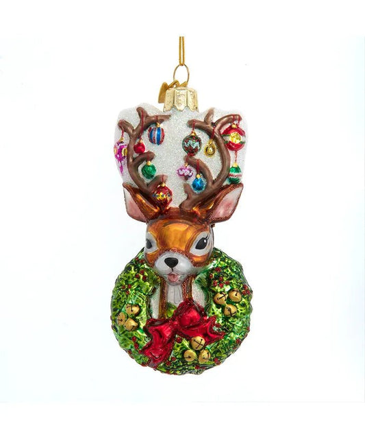 4.5 - Inch Traditional Deer with Wreath Glass Ornament – Noble Gems - Tree Treasures