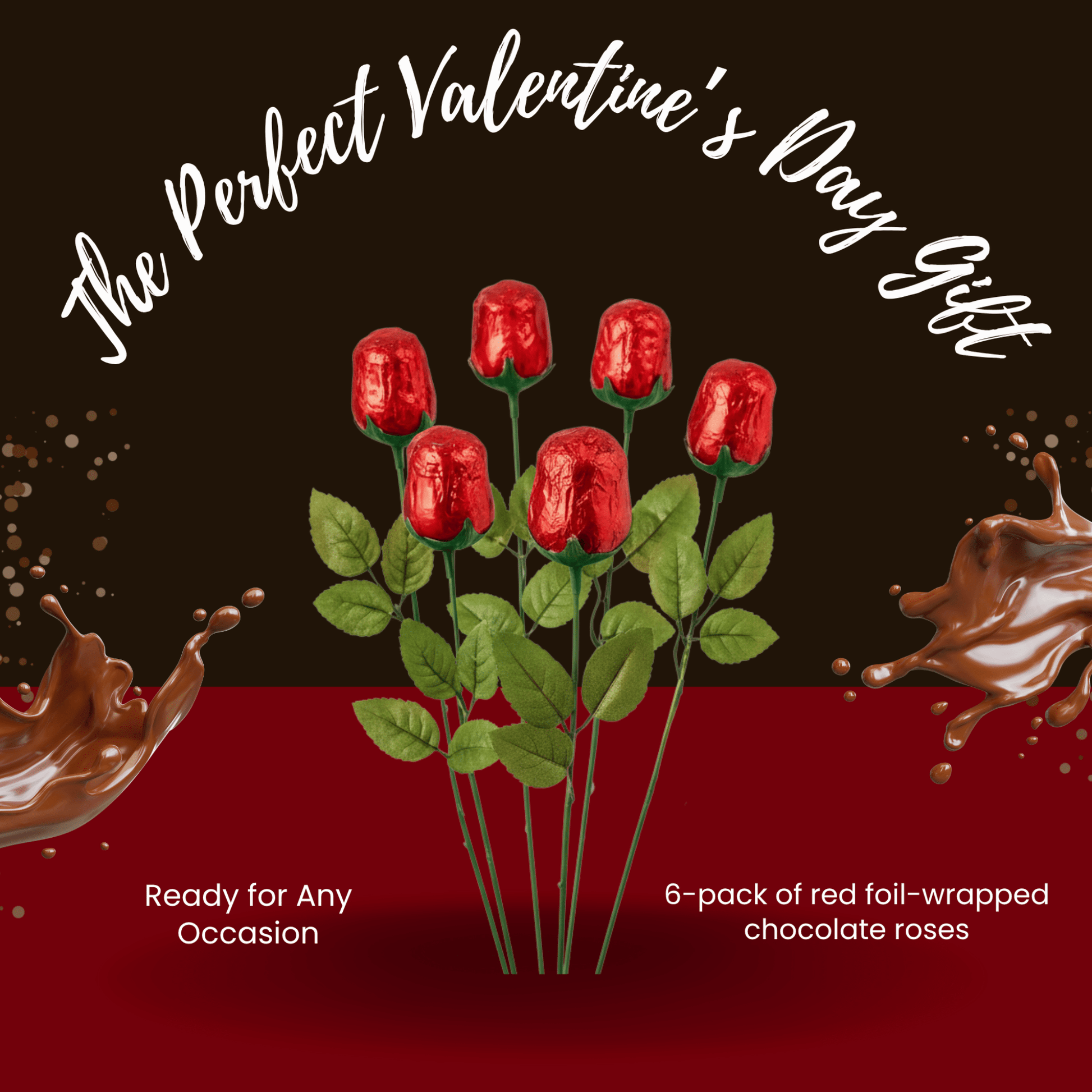 6 - Pack Chocolate Roses – Individually Wrapped Red Foil Candy Bouquet Gift - Tree Treasures