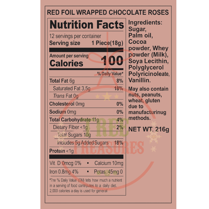 6 - Pack Chocolate Roses – Individually Wrapped Red Foil Candy Bouquet Gift - Tree Treasures