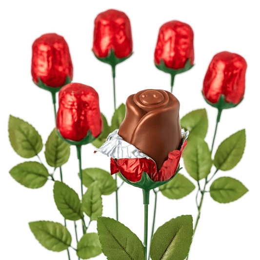 6 - Pack Chocolate Roses – Individually Wrapped Red Foil Candy Bouquet Gift - Tree Treasures