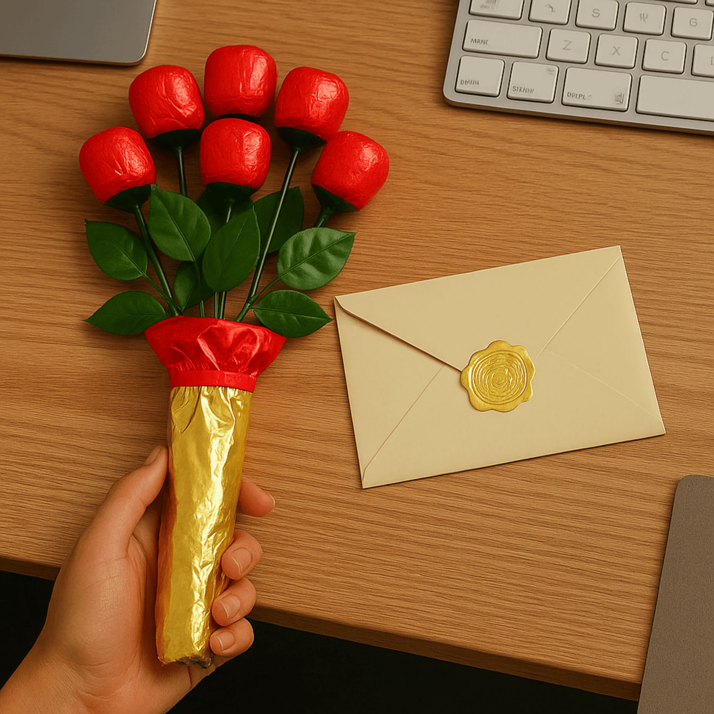 6 Roses Deluxe Gift Wrap – Individually Wrapped Red Foil Candy Bouquet Gift - Tree Treasures