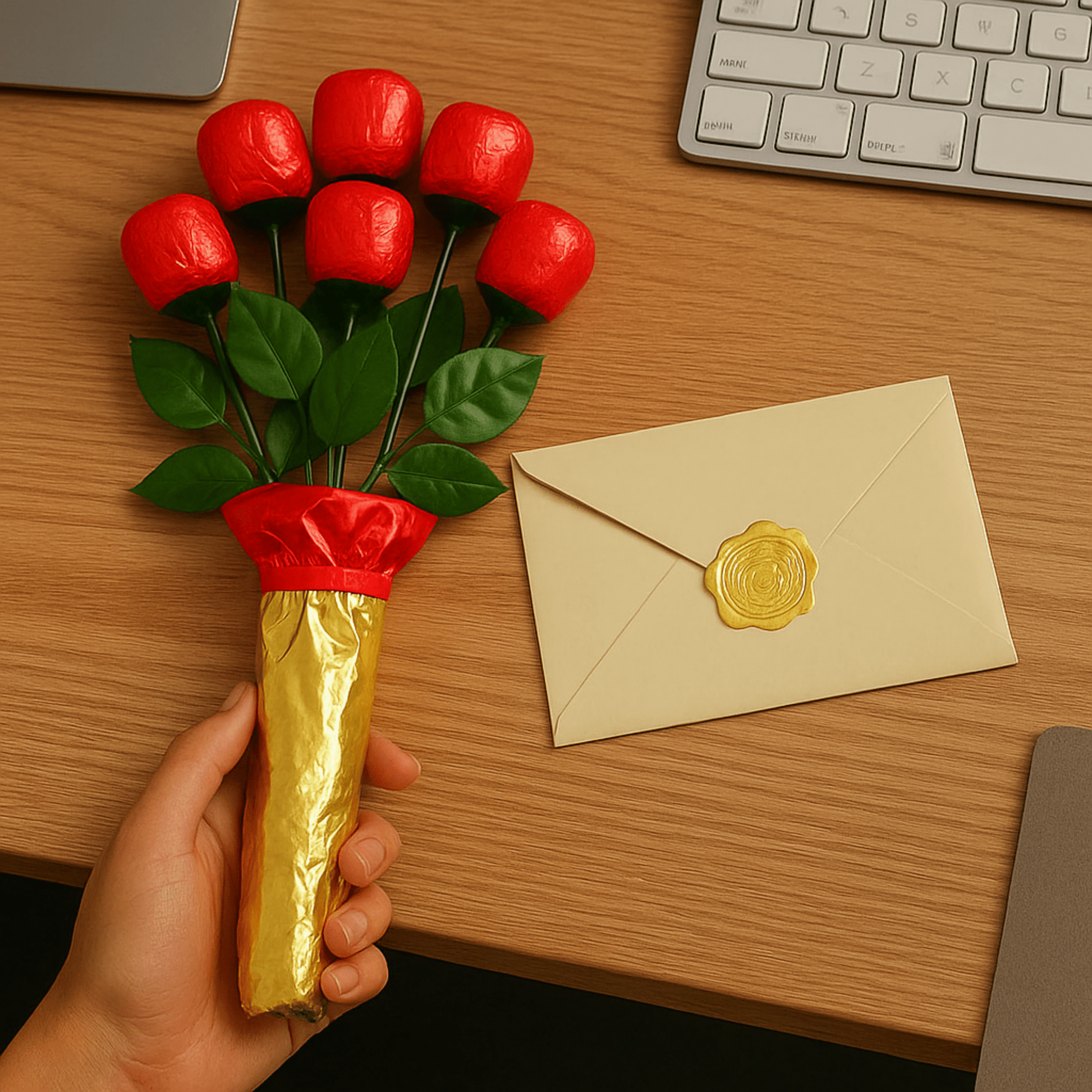 6 Roses Deluxe Gift Wrap – Individually Wrapped Red Foil Candy Bouquet Gift - Tree Treasures
