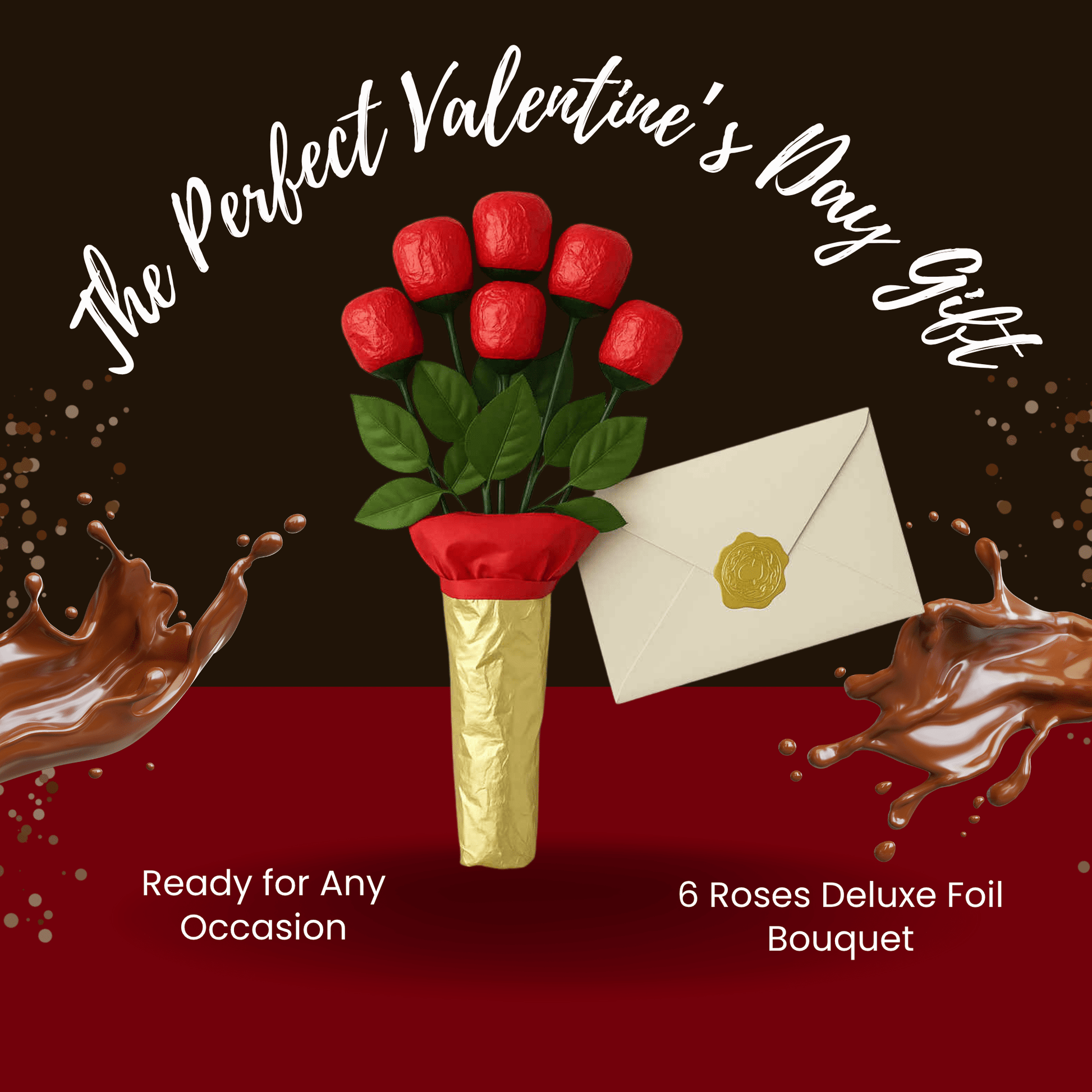 6 Roses Deluxe Gift Wrap – Individually Wrapped Red Foil Candy Bouquet Gift - Tree Treasures