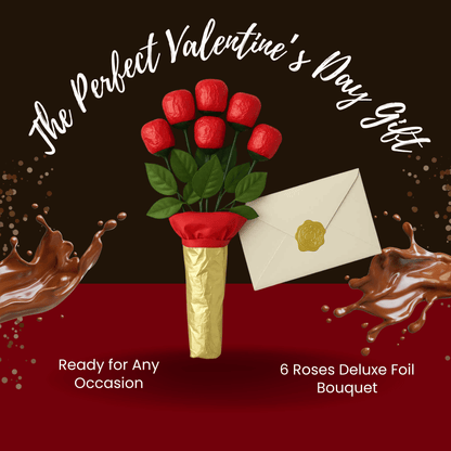 6 Roses Deluxe Gift Wrap – Individually Wrapped Red Foil Candy Bouquet Gift - Tree Treasures