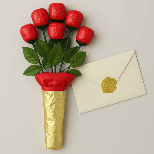 6 Roses Deluxe Gift Wrap – Individually Wrapped Red Foil Candy Bouquet Gift - Tree Treasures