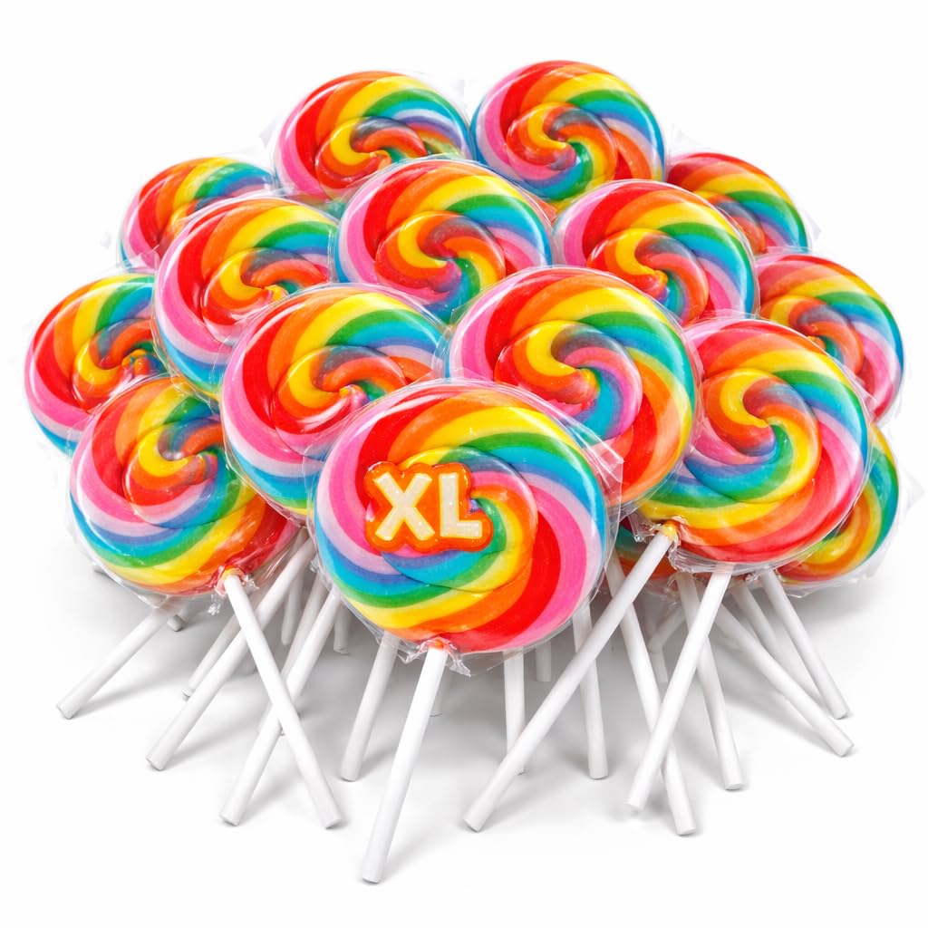 24 Pack Jumbo Rainbow Swirl Lollipops – Extra Large 2.75" Individually Wrapped Carnival Suckers for Party Favors, Birthdays & Events