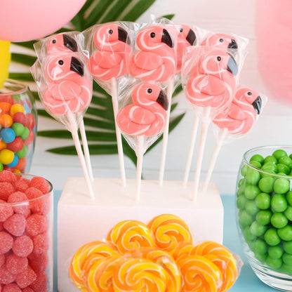 Flamingo Lollipops – Pink & White Swirl Strawberry Candy Party Favors for Luau, Beach & Birthday Themes (12ct, 24ct)