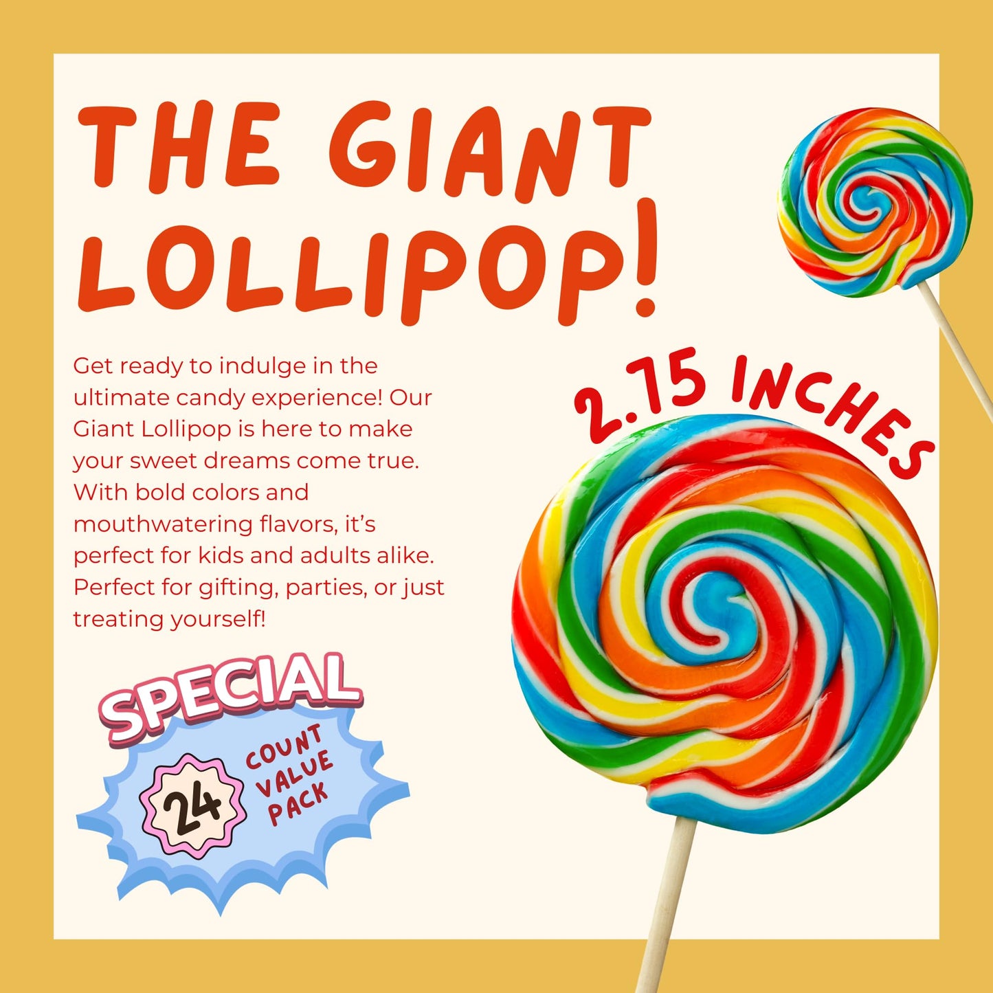 24 Pack Jumbo Rainbow Swirl Lollipops – Extra Large 2.75" Individually Wrapped Carnival Suckers for Party Favors, Birthdays & Events