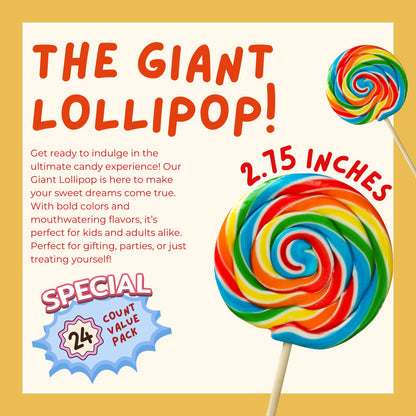 24 Pack Jumbo Rainbow Swirl Lollipops – Extra Large 2.75" Individually Wrapped Carnival Suckers for Party Favors, Birthdays & Events