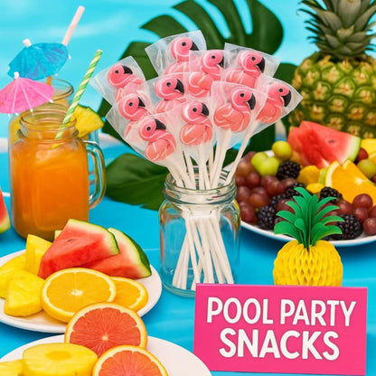 Flamingo Lollipops – Pink & White Swirl Strawberry Candy Party Favors for Luau, Beach & Birthday Themes (12ct, 24ct)