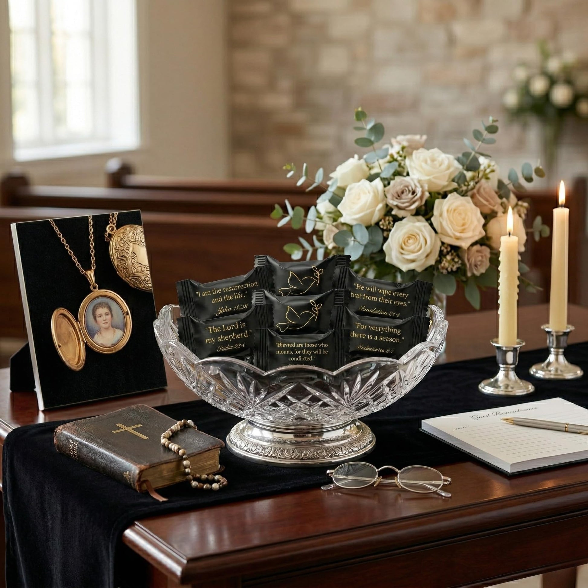 Funeral Favors for Guests – Sympathy Mints Individually Wrapped with Scripture Verses & Dove Design | Memorial Service Candy & Celebration of Life Keepsakes