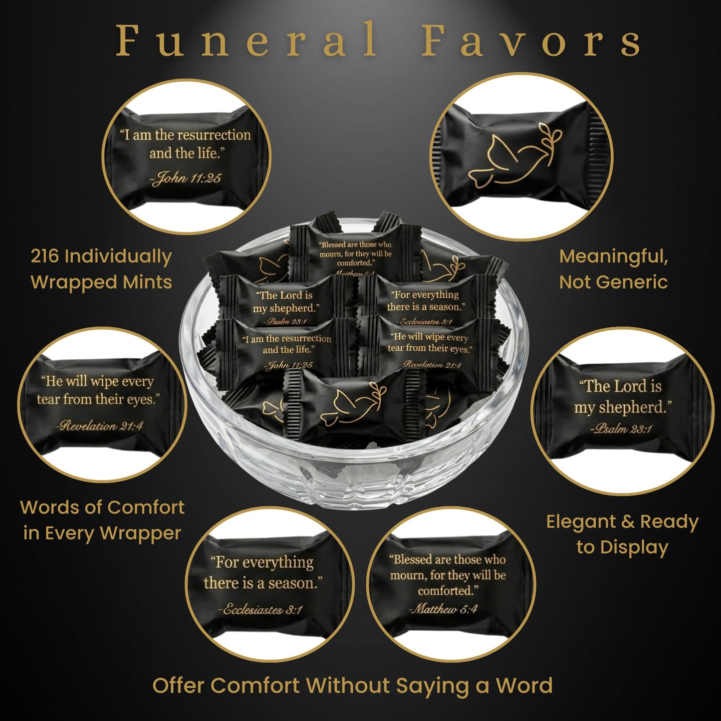 Funeral Favors for Guests – Sympathy Mints Individually Wrapped with Scripture Verses & Dove Design | Memorial Service Candy & Celebration of Life Keepsakes