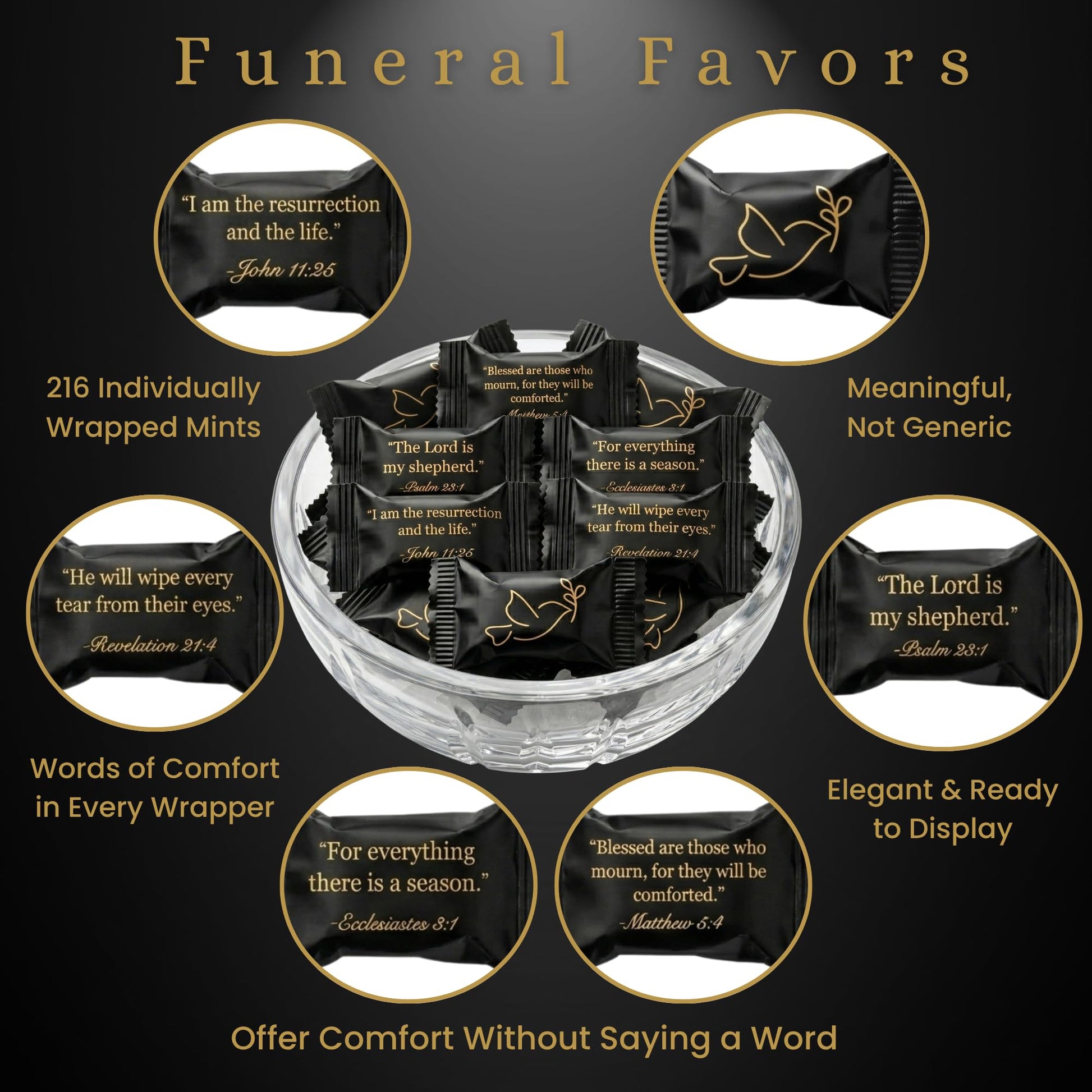 Funeral Favors for Guests – Sympathy Mints Individually Wrapped with Scripture Verses & Dove Design | Memorial Service Candy & Celebration of Life Keepsakes