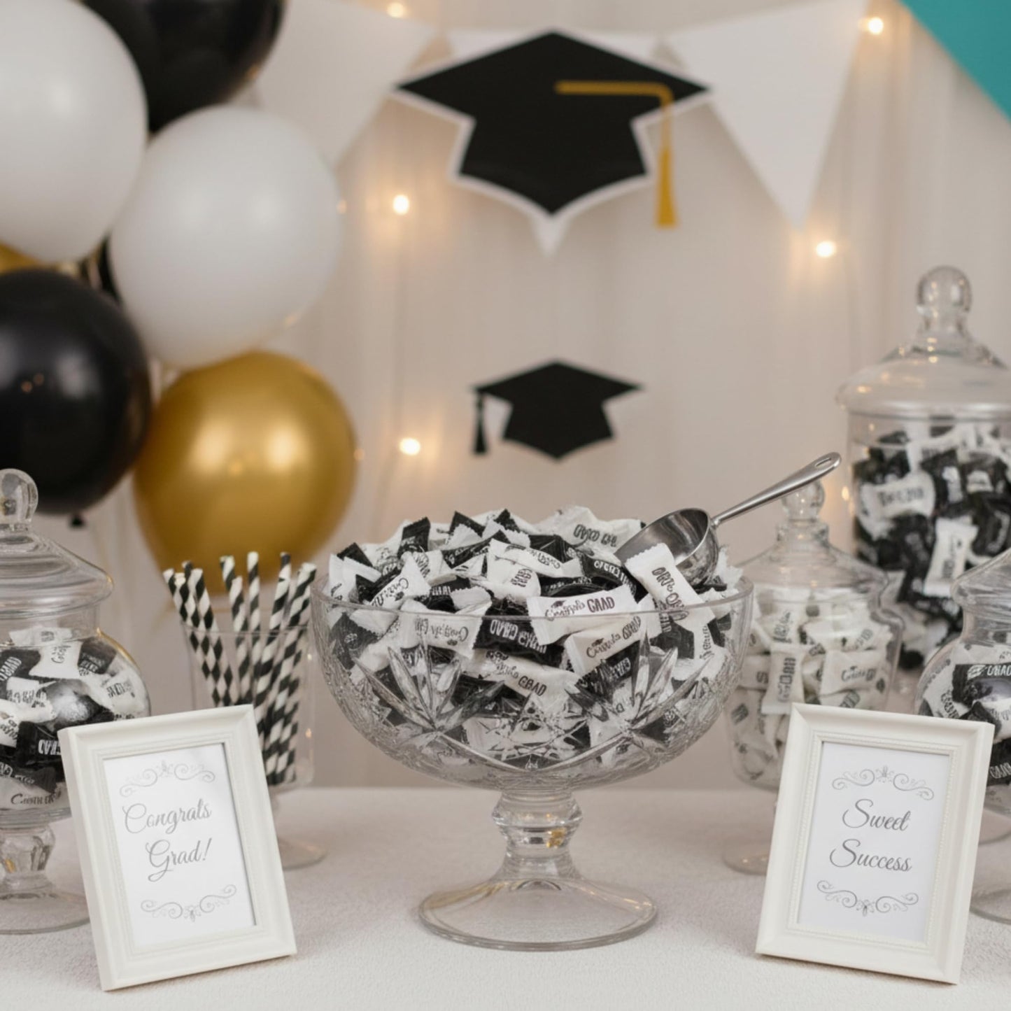 Graduation Mints Black and White 220ct – Individually Wrapped Congrats Grad Candy | Class of 2026 Graduation Party Favors | Bulk Butter Mints for Candy Buffet, Prom & Commencement 