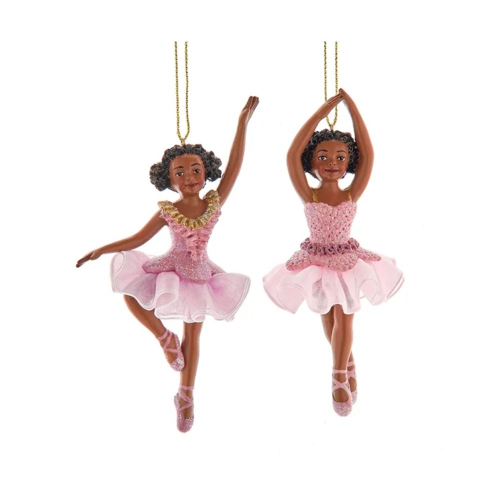 Kurt Adler African American Pink Ballet Ornaments, 2 Assorted, 5.25-inches