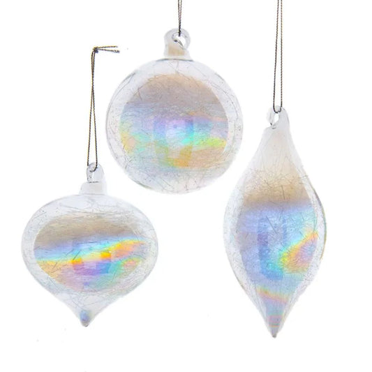 Kurt Adler Clear Iridescent Ball, Onion and Teardrop Ornaments, 3 Piece Set, 3.15 Inches