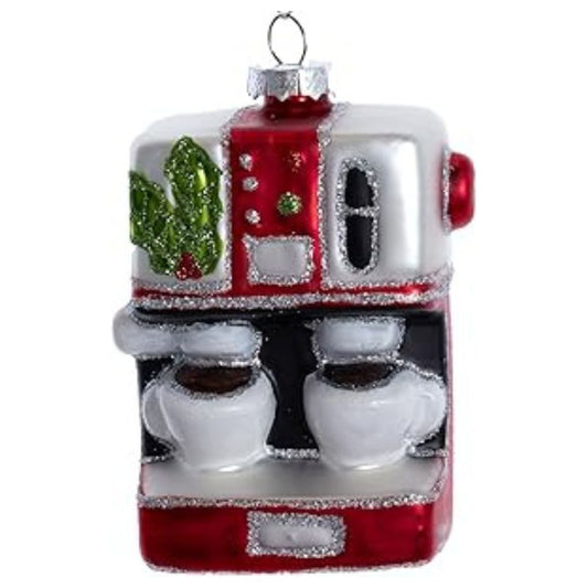 Kurt Adler Red and Silver Cappuccino Machine Glass Ornament