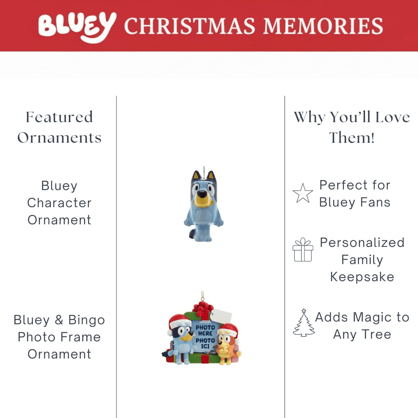 Bluey™ Christmas Ornament Set – 2 - Pack Featuring Decoupage Ornament & Picture Frame Keepsake - Tree Treasures