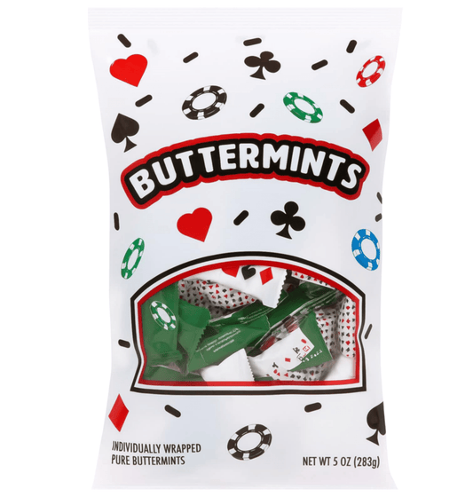 BUTTERMINTS POKER WRAPPED 5.75 OZ PEG BAG : Buttermints, Individually Wrapped, 5.75oz Bag, POKER - Tree Treasures