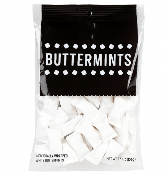 BUTTERMINTS WHITE WRAPPED 5.75 OZ PEG BAG : Buttermints, Individually Wrapped, 5.75oz Bag, WHITE - Tree Treasures