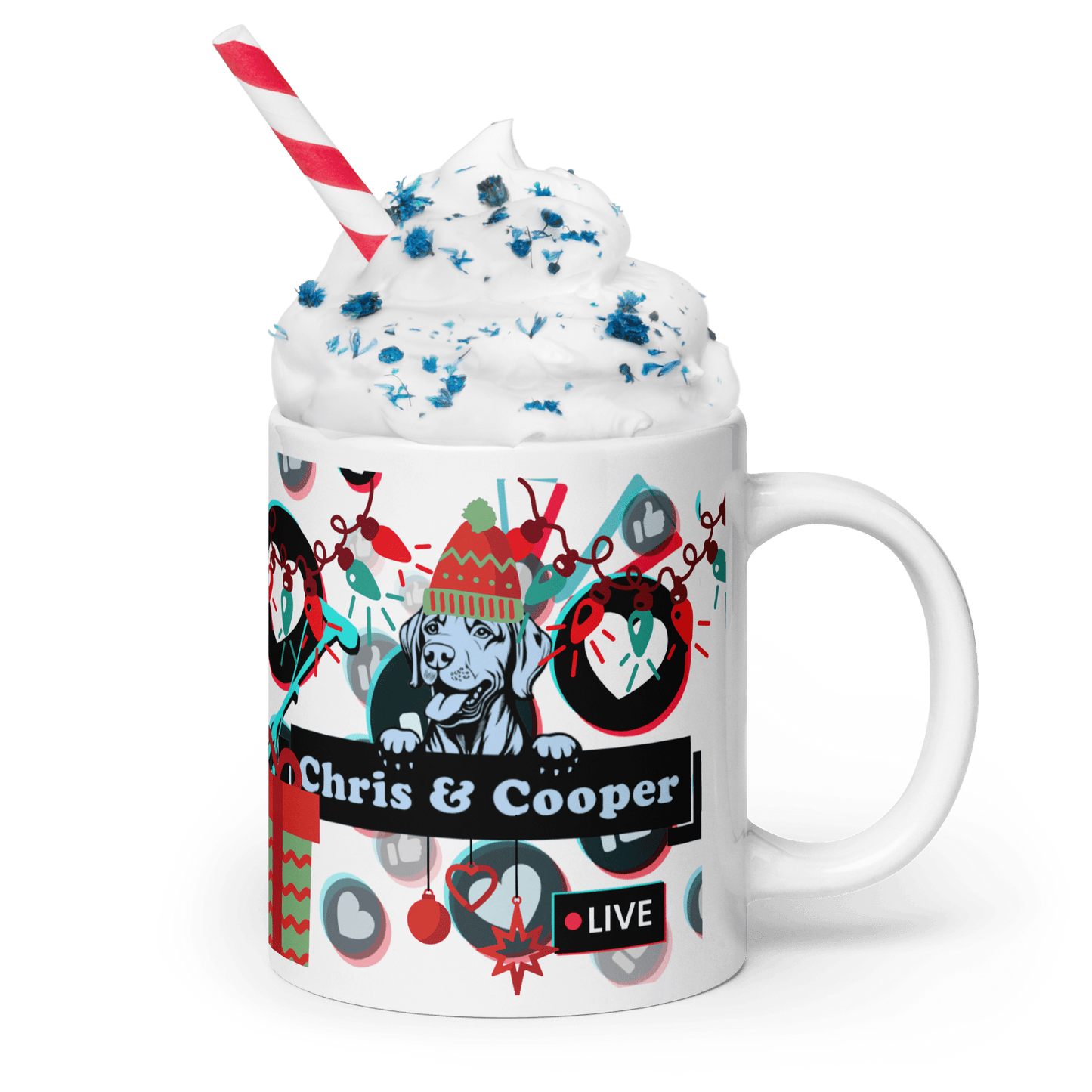 Chris & Cooper Christmas Mug – 20oz Lip - Sync Duo Holiday Mug – Funny Dog Creator Cup – Limited Christmas Edition - Tree Treasures