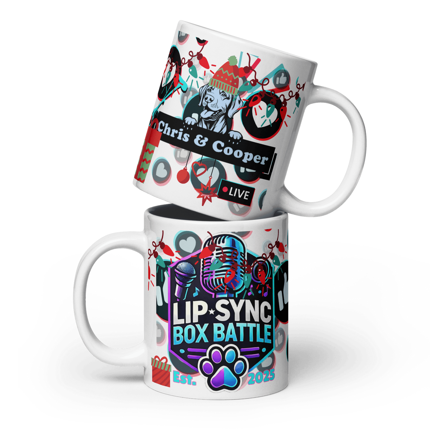 Chris & Cooper Christmas Mug – 20oz Lip - Sync Duo Holiday Mug – Funny Dog Creator Cup – Limited Christmas Edition - Tree Treasures