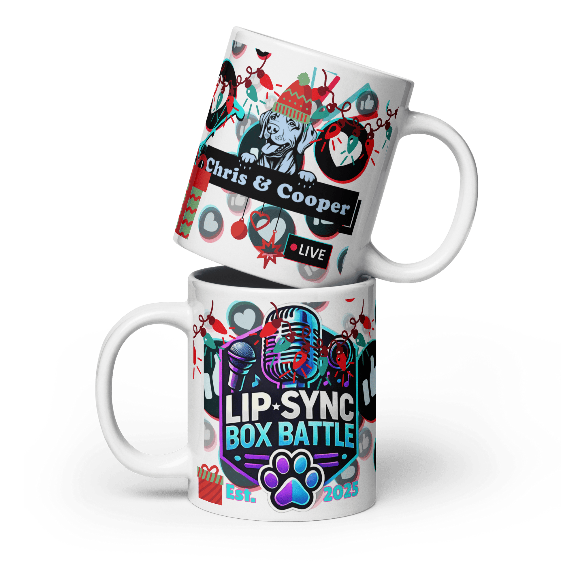 Chris & Cooper Christmas Mug – 20oz Lip - Sync Duo Holiday Mug – Funny Dog Creator Cup – Limited Christmas Edition - Tree Treasures