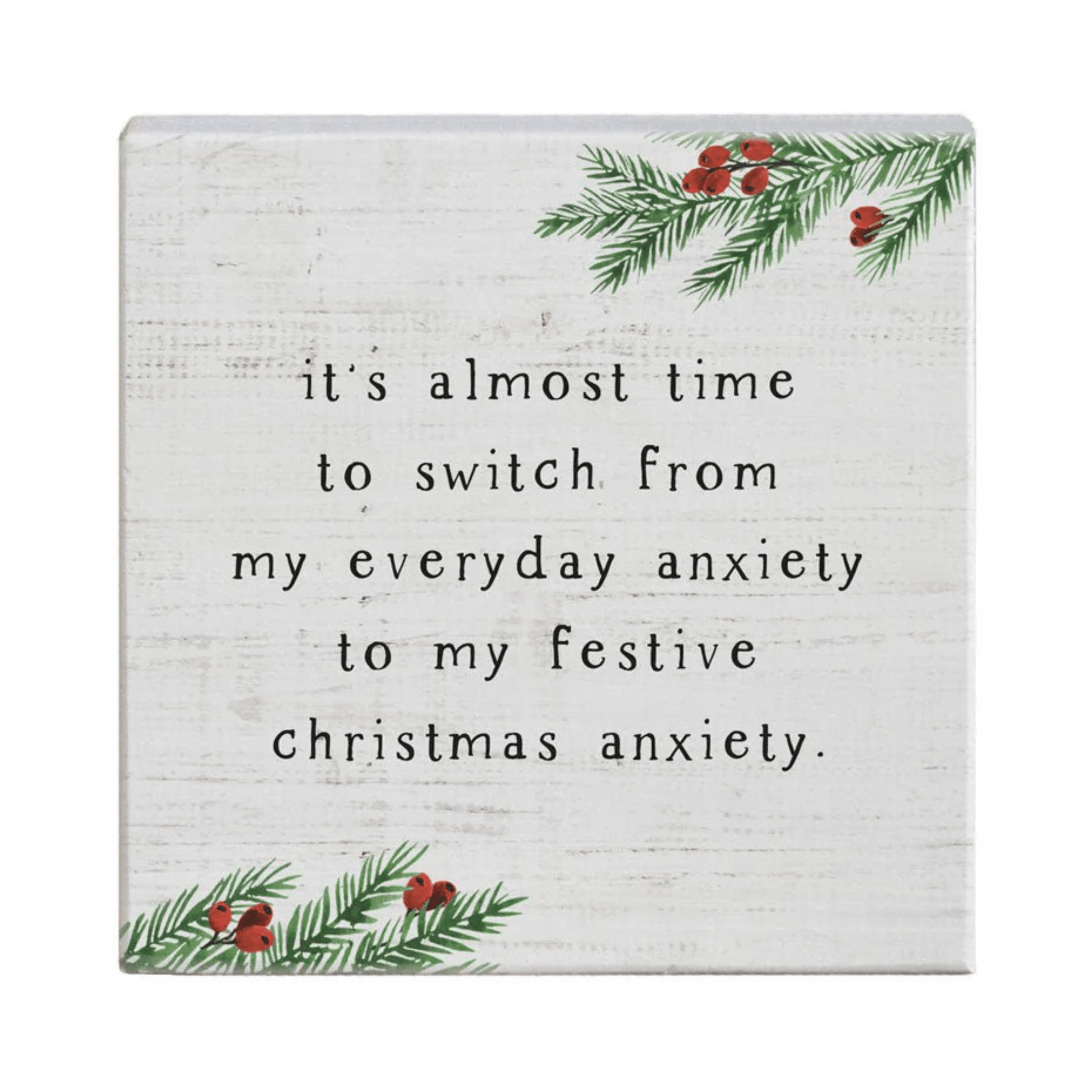 Christmas Anxiety Small Talk Square – 5.25"x5.25" Funny Holiday Sign, Rustic Wooden Christmas Décor - Tree Treasures