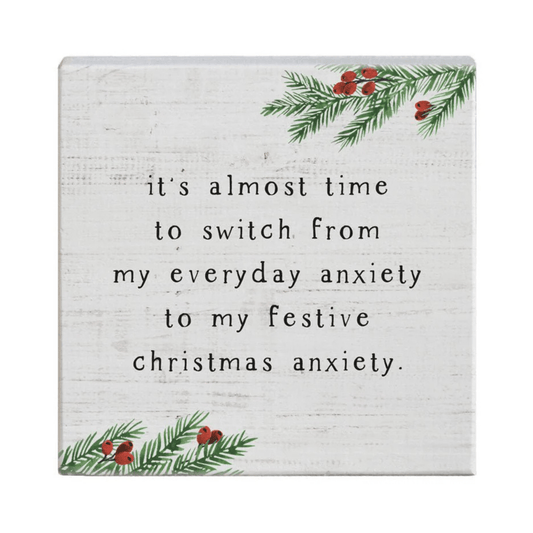 Christmas Anxiety Small Talk Square – 5.25"x5.25" Funny Holiday Sign, Rustic Wooden Christmas Décor - Tree Treasures