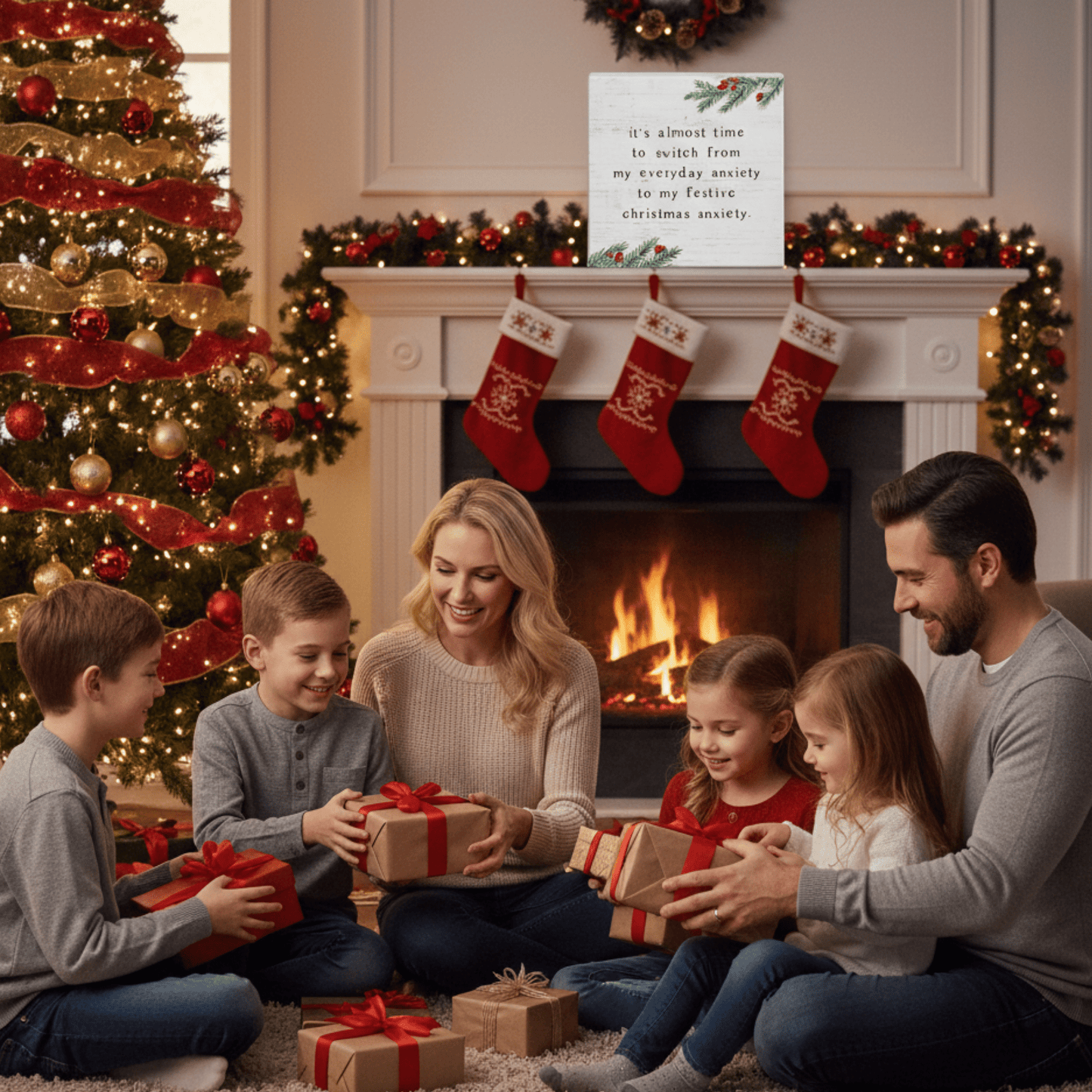 Christmas Anxiety Small Talk Square – 5.25"x5.25" Funny Holiday Sign, Rustic Wooden Christmas Décor - Tree Treasures