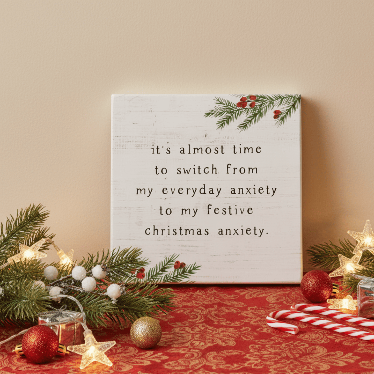 Christmas Anxiety Small Talk Square – 5.25"x5.25" Funny Holiday Sign, Rustic Wooden Christmas Décor - Tree Treasures