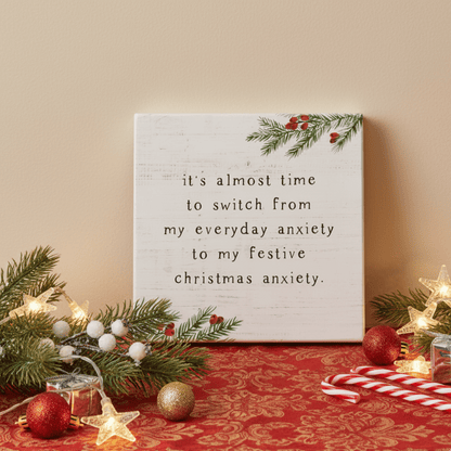 Christmas Anxiety Small Talk Square – 5.25"x5.25" Funny Holiday Sign, Rustic Wooden Christmas Décor - Tree Treasures