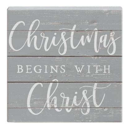 Christmas Begins Small Talk Square – 5.25"x5.25" Rustic Wooden Sign, Inspirational Holiday Décor - Tree Treasures