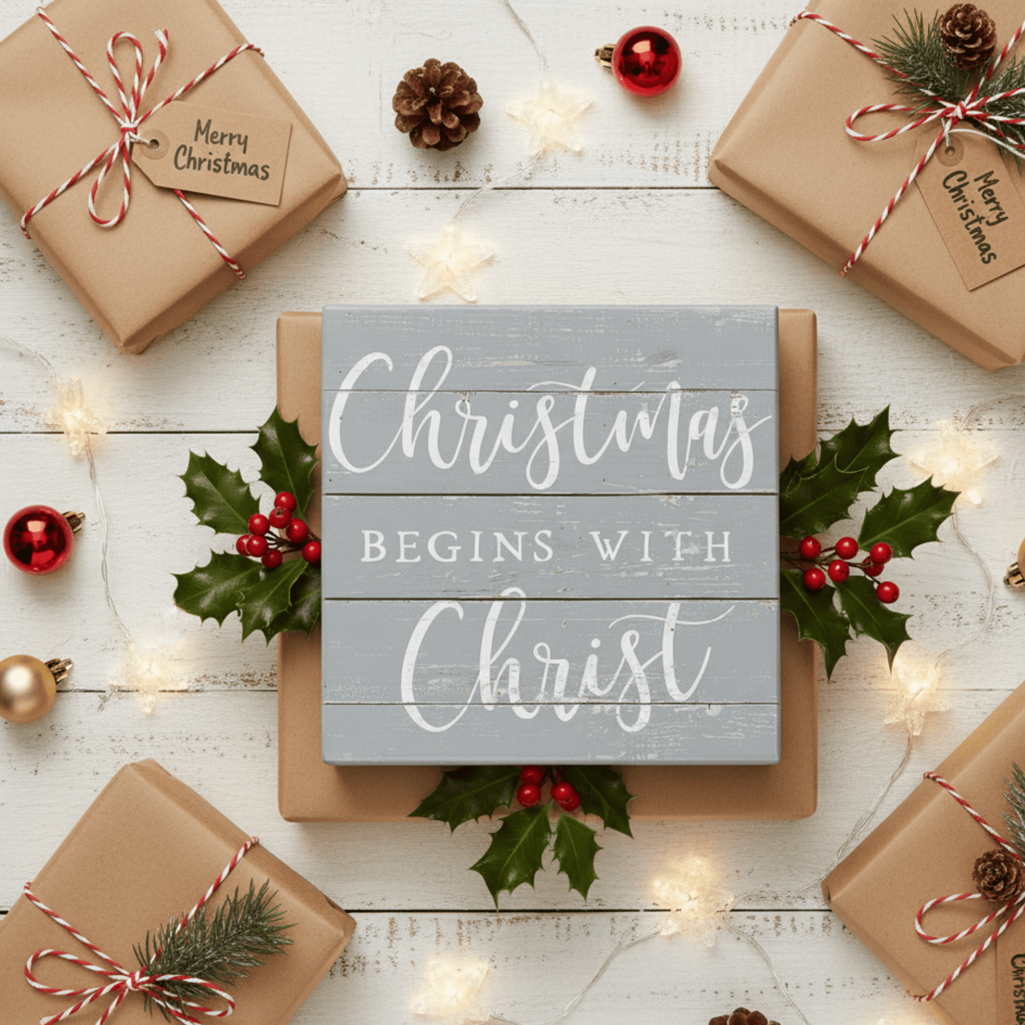 Christmas Begins Small Talk Square – 5.25"x5.25" Rustic Wooden Sign, Inspirational Holiday Décor - Tree Treasures