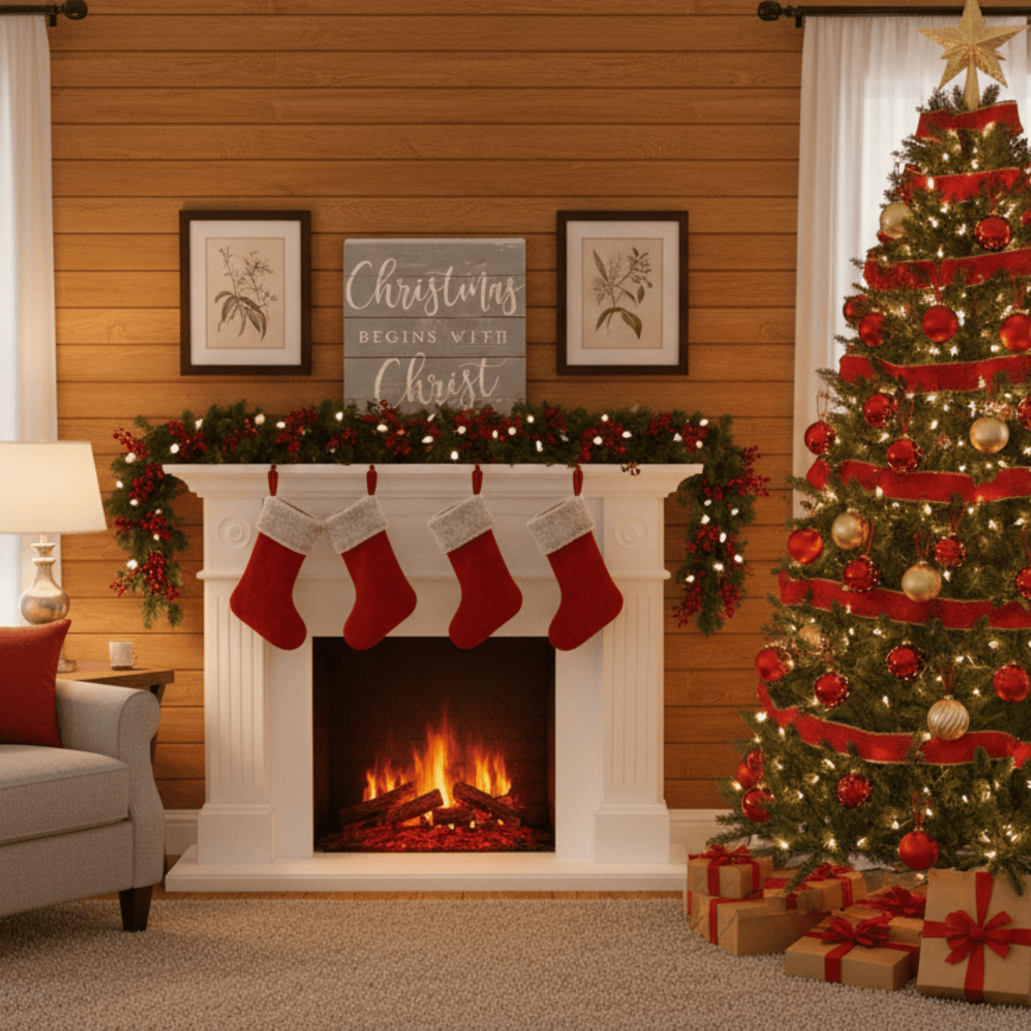 Christmas Begins Small Talk Square – 5.25"x5.25" Rustic Wooden Sign, Inspirational Holiday Décor - Tree Treasures